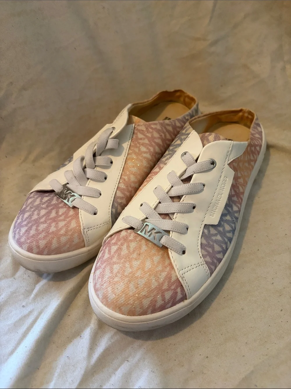 Michael Kors White Leather Sneakers with Pastel Gradient MK Print